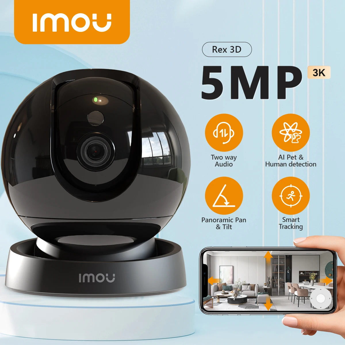 IMOU Rex 3D 5MP Indoor Wifi PTZ Security Camera Human Pet Detection AI Smart Tracking Two Way Talk Night Vision Baby Monitor