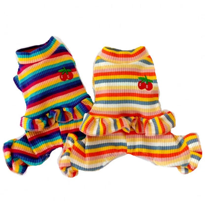 Rainbow Stripe Dog Hoodie – Cherry Pattern Jumpsuit Pajamas for Small/Medium Dogs & Cats