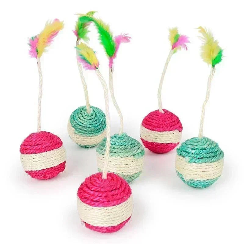 Interactive Sisal Scratching Ball with Feathers - Cat Toy for Training & Play, Pet Accessories