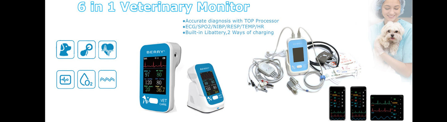 BERRY AM6200 Veterinary Monitor 6-Parameter Pet Accessory, Blood Pressure ECG EKG HR Spo2 PR Temp APP