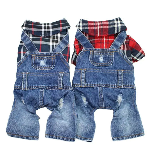 Denim Plaid Jumpsuit Hoodie for Dogs & Cats - 4 Colors.