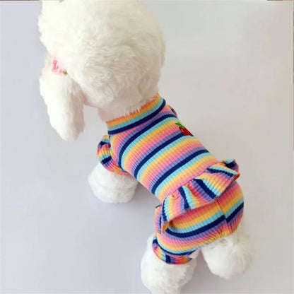 Rainbow Stripe Dog Hoodie – Cherry Pattern Jumpsuit Pajamas for Small/Medium Dogs & Cats