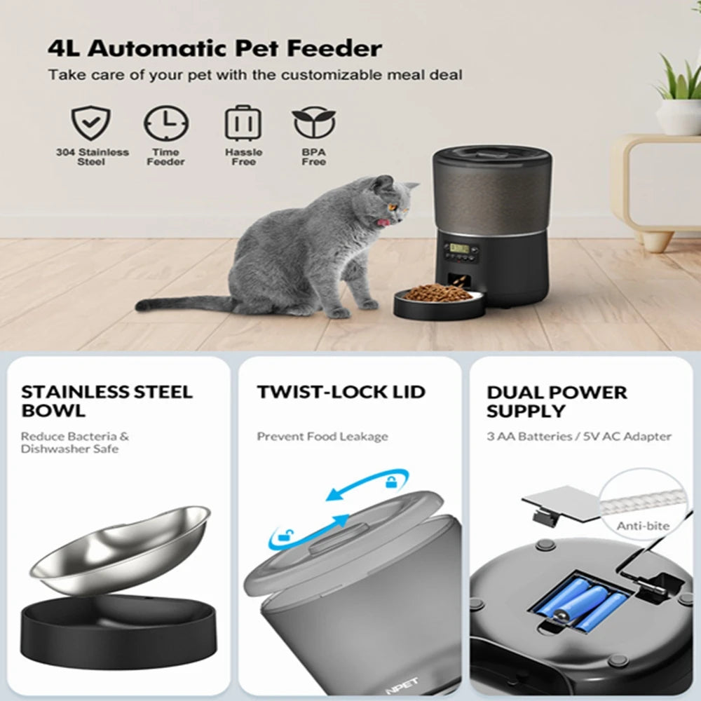 4L Automatic Smart Pet Cat Food Dispenser WiFi Cat Feeder with APP Control for Pet Dry Food Dual Power Supply For Small Dogs