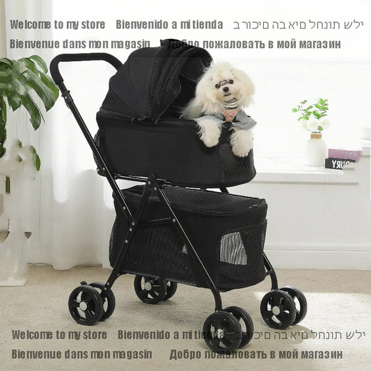 Lightweight Foldable Double Pet Stroller with Detachable Carrier for Small Dogs and Cats