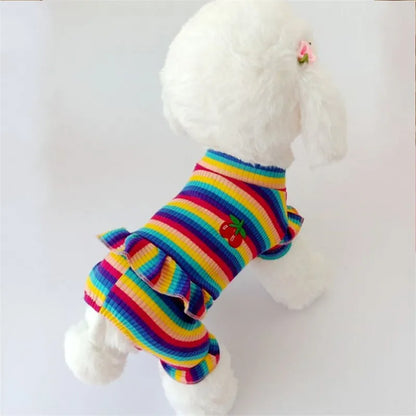 Rainbow Stripe Dog Hoodie – Cherry Pattern Jumpsuit Pajamas for Small/Medium Dogs & Cats