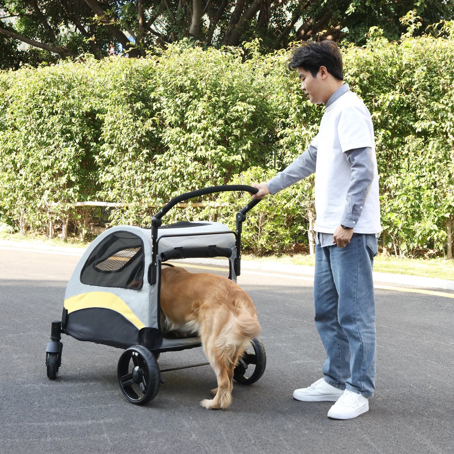 Large Dog Stroller 4 Wheel Pet Trolley Carrier Foldable for 2 Dogs up to 121 lbs