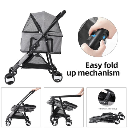 Large Pet Stroller Pram Dog Carrier Trailer Stroller Travel Walk Carrier with Detachable Carrier Cart  Load 30kg