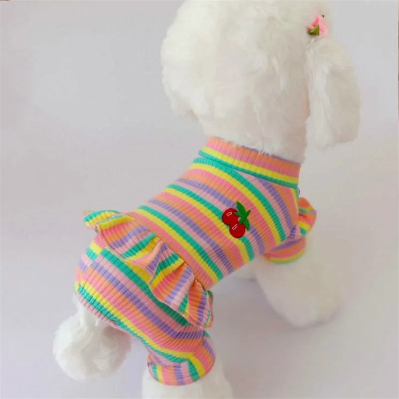 Rainbow Stripe Dog Hoodie – Cherry Pattern Jumpsuit Pajamas for Small/Medium Dogs & Cats