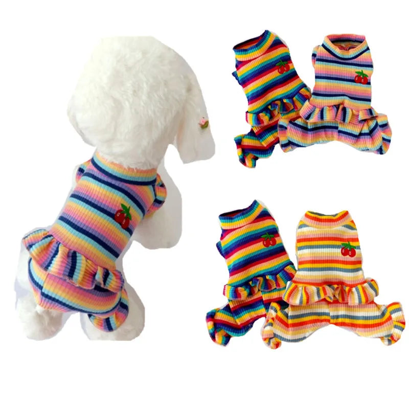 Rainbow Stripe Dog Hoodie – Cherry Pattern Jumpsuit Pajamas for Small/Medium Dogs & Cats